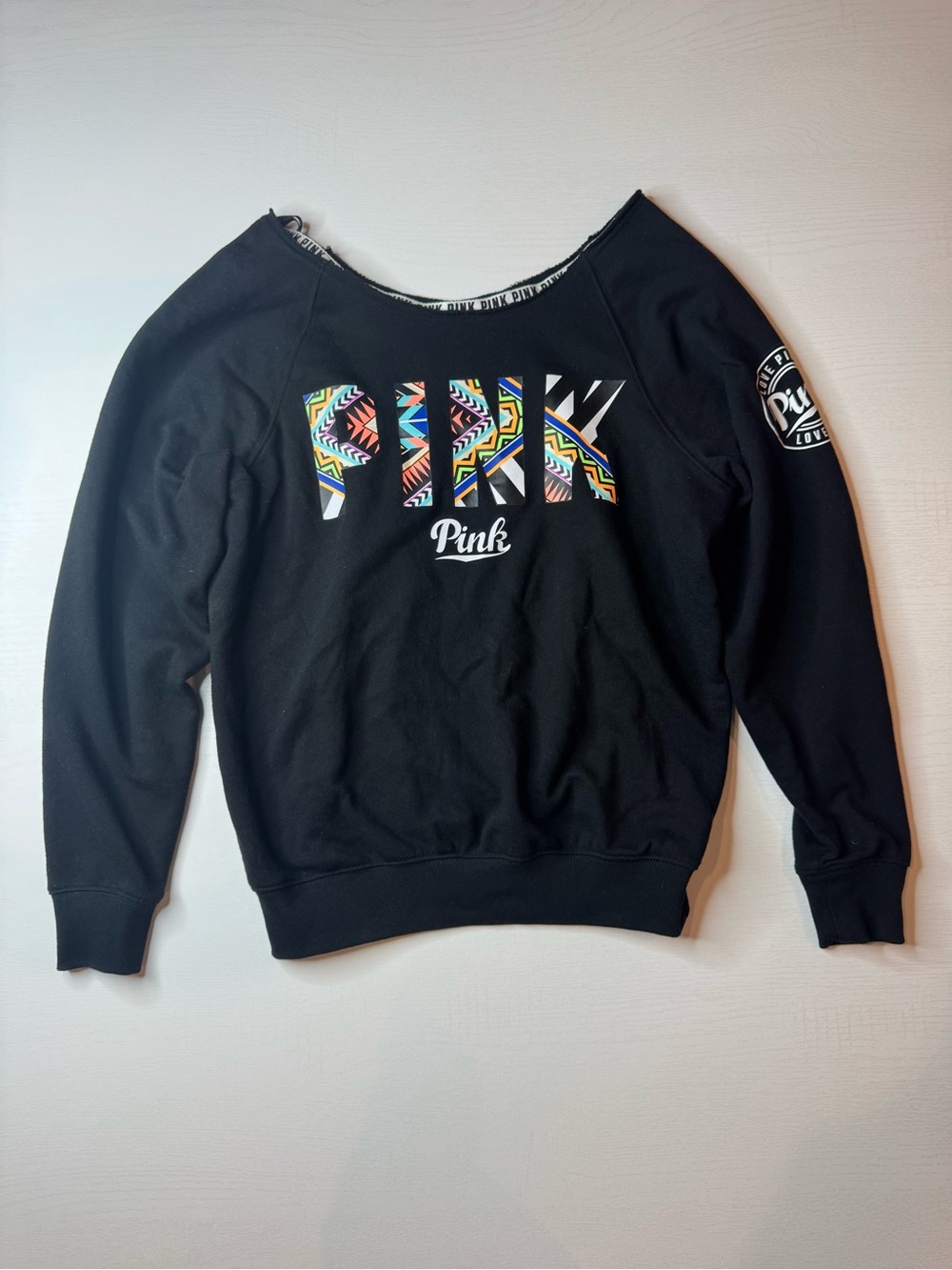 Victoria's Secret PINK Black Off-the-Shoulder Sweatshirt with Multicolor Logo